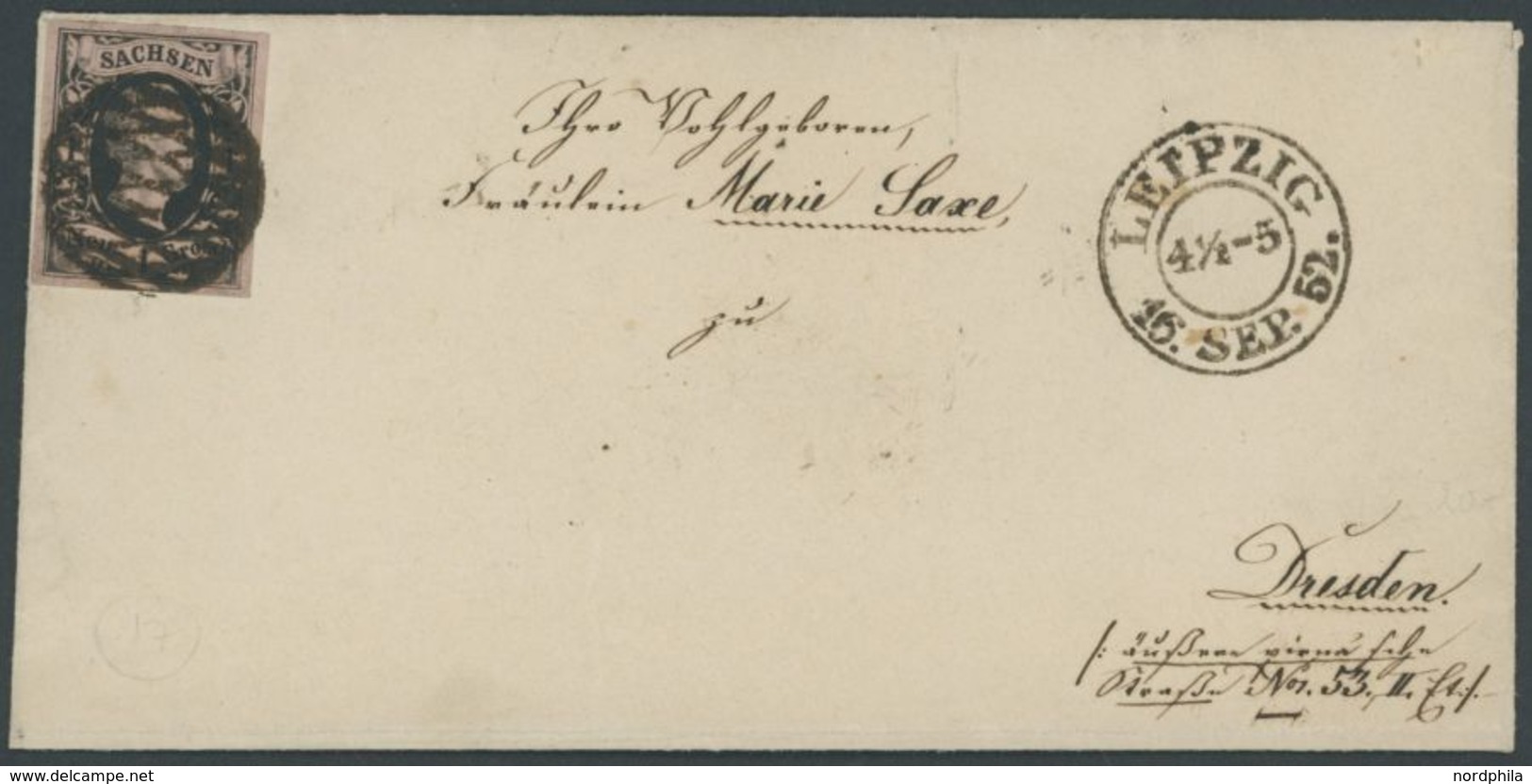 1852, 1 Ngr. Schwarz Auf Mattgraurot Auf Kleinem Prachtbrief Von LEIPZIG Nach Dresden -> Automatically Generated Transla - Saxony