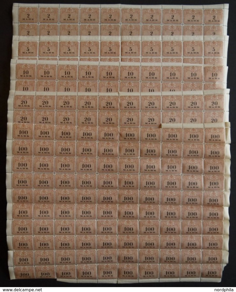 SACHSEN **, 1910, 10 Pf. - 100 Mk. Stempelmarken, Wz. Treppen, 9 Werte, Je Im Bogen (100) Postfrisch, Einige Wellig, Rän - Saxe