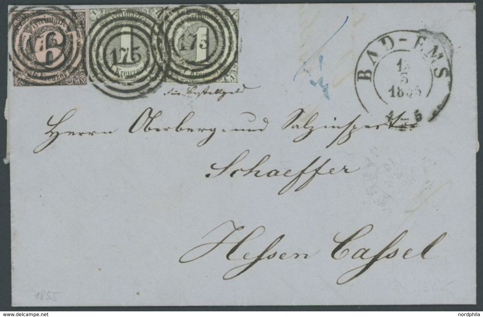 1855, 6 Kr. Schwarz Auf Graurot Und 2x 1 Kr. Schwarz Auf Olivgrau Mit Vermerk Für Bestellgeld Auf Dekorativem Prachtbrie - Sonstige & Ohne Zuordnung