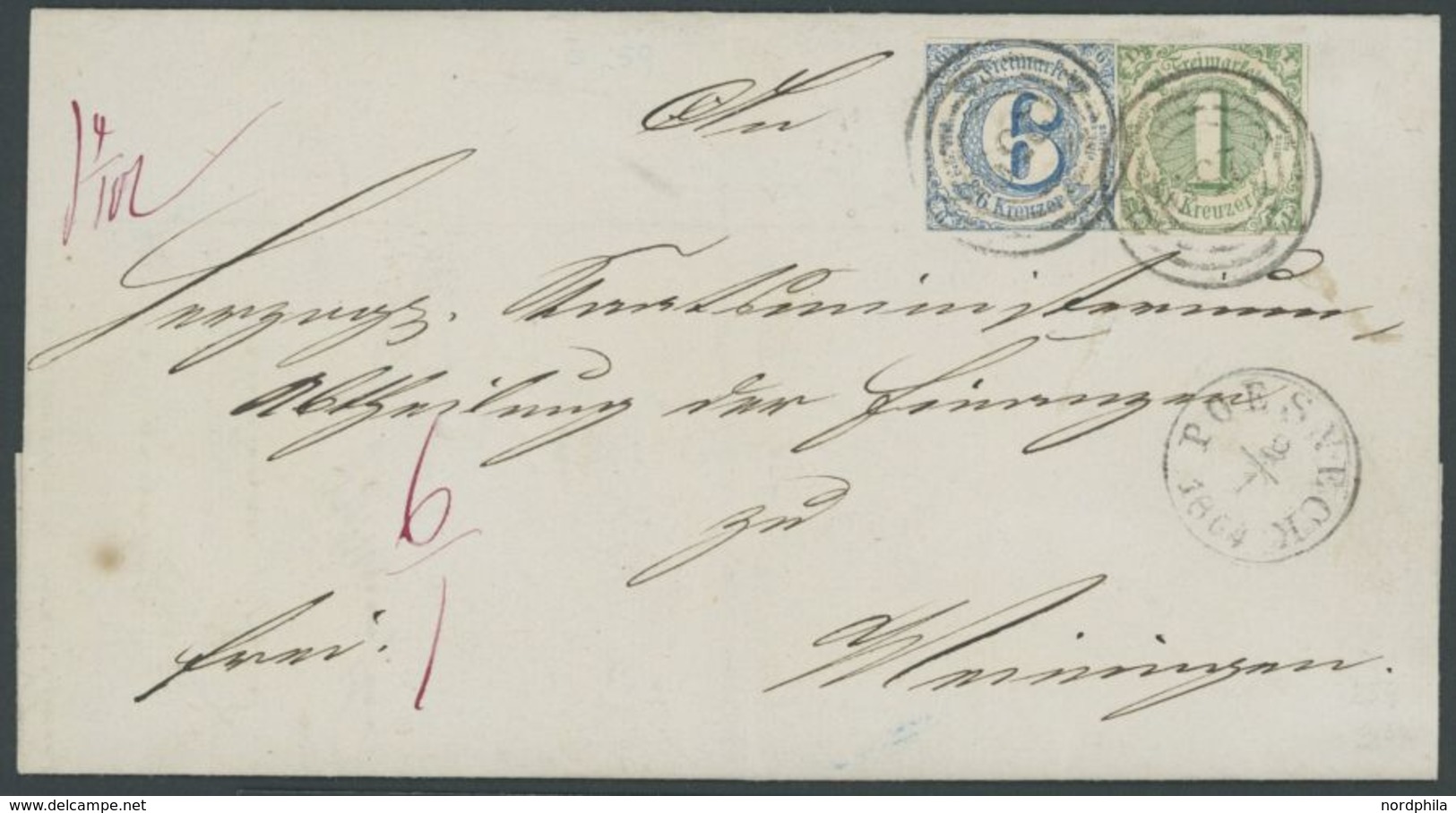 1864, 1 Kr. Grün Und 6 Kr. Blau Mit Nummernstempel 259 (POESNECK) Auf Prachtbrief Nach Meiningen -> Automatically Genera - Sonstige & Ohne Zuordnung