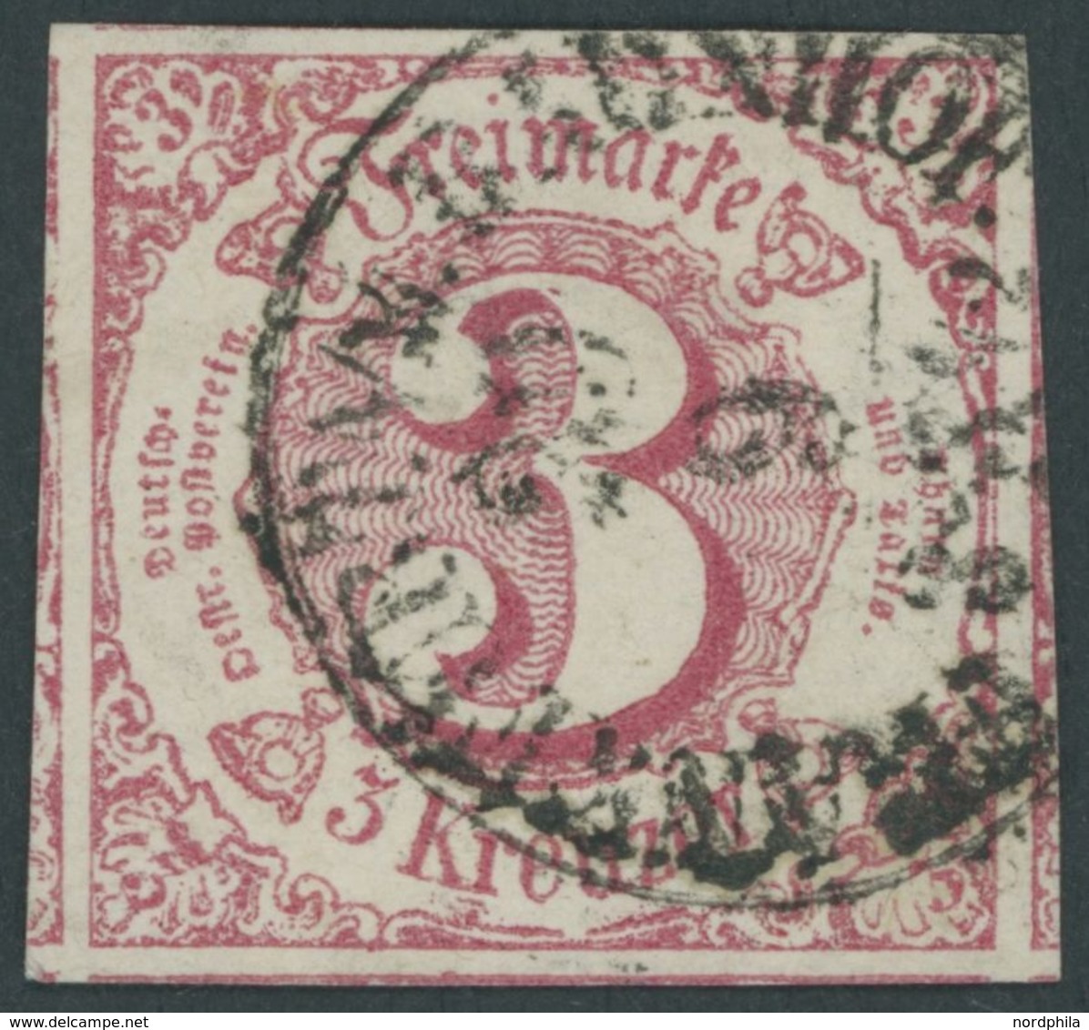 1862, 3 Kr. Karminrot, K1 FRANKFURT A/M. BAHNHOF, Allseits Riesenrandig Mit Teilen Von 6 Nebenmarken, Kabinett -> Automa - Other & Unclassified