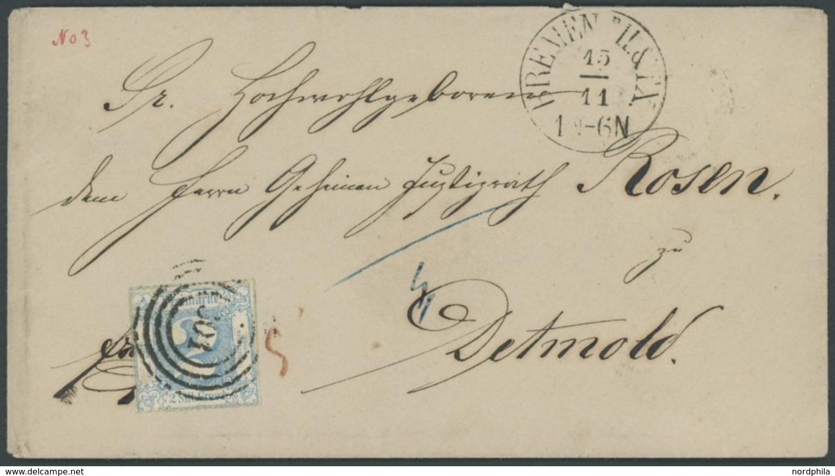 THURN Und TAXIS 39 BRIEF, 1865, 2 Sgr. Hellblau Mit Nummernstempel 201 (BREMEN TuT) Auf Brief Nach Detmold, Pracht - Autres & Non Classés