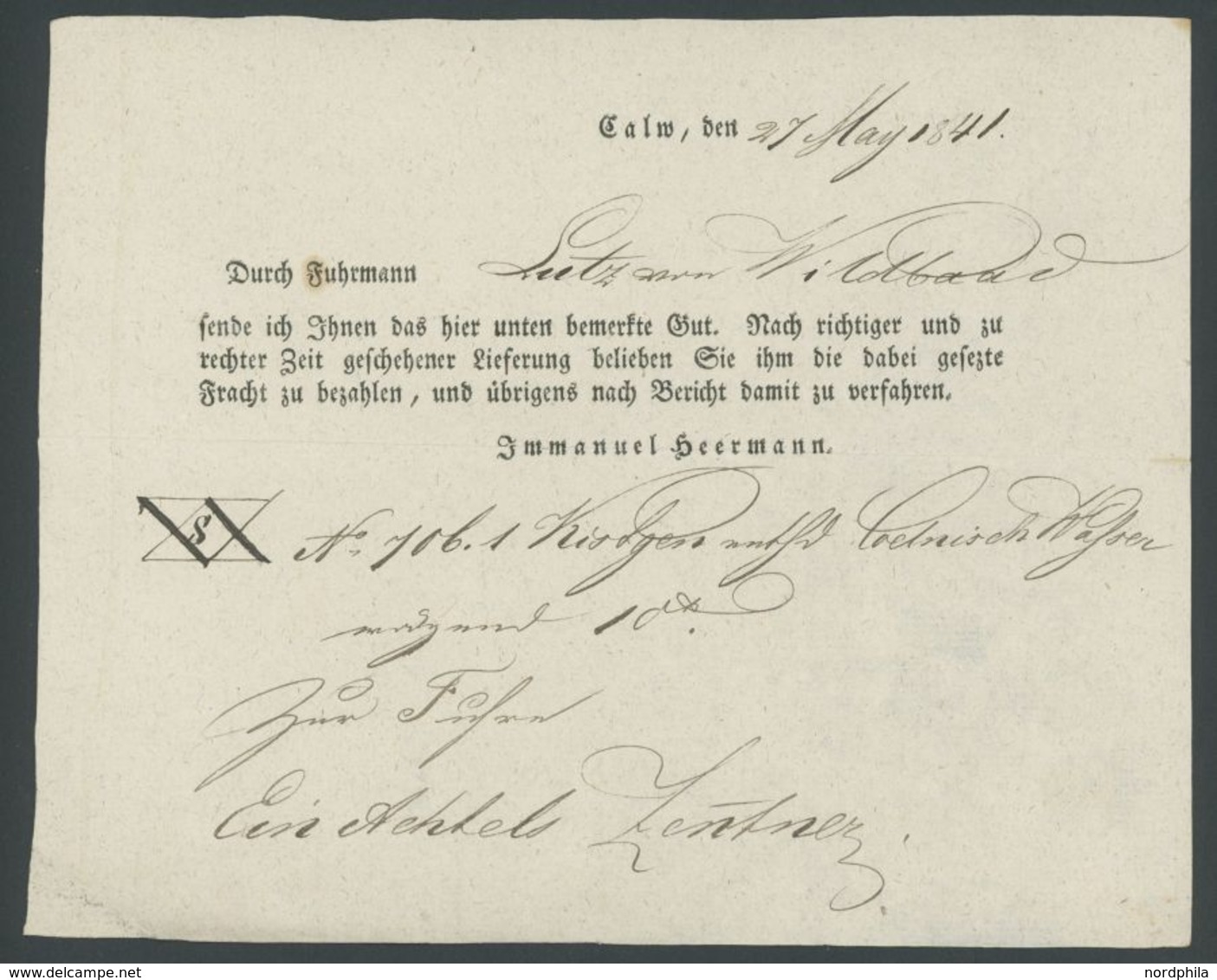 1841, Fuhrmannsbrief Von CALW Nach Calmbach, Pracht -> Automatically Generated Translation: 1841, Carter&#039,s Letter F - Prephilately