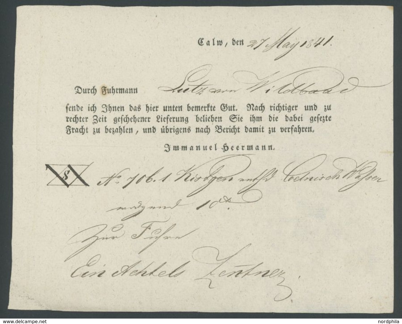 1841, Fuhrmannsbrief Von CALW Nach Calmbach, Pracht -> Automatically Generated Translation: 1841, Carter&#039,s Letter F - Vorphilatelie