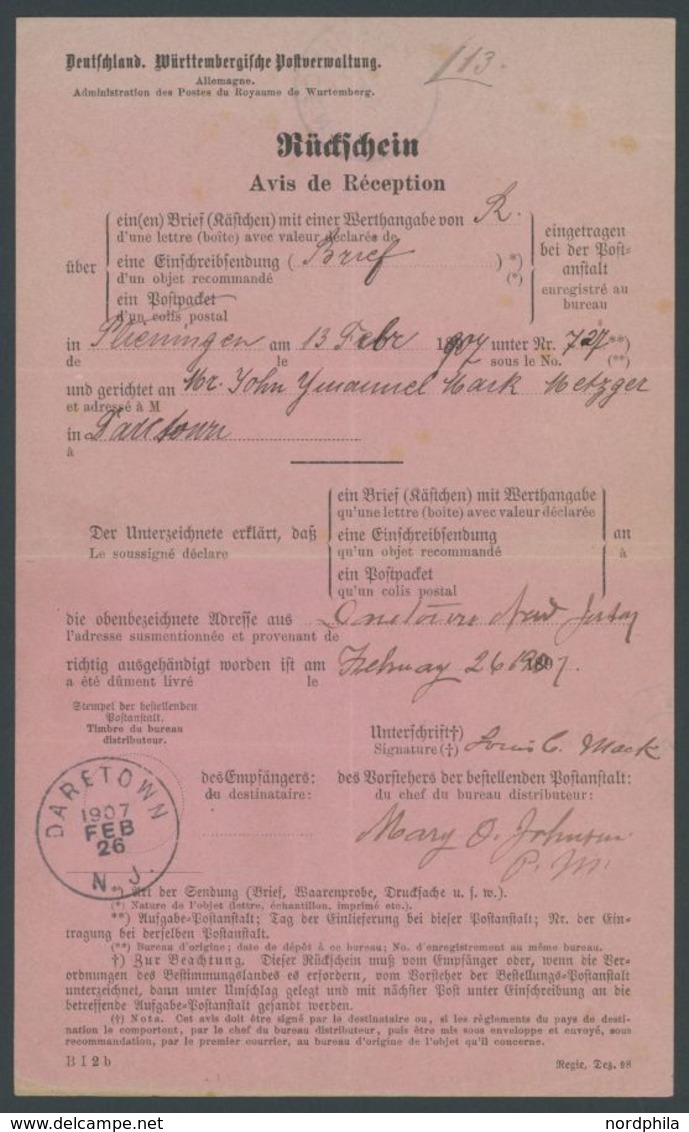 1907, Rückschein Eines Wertbriefes, Aufgegeben In PLIENINGEN, K1 (rückseitig) Nach Daretown N.J., Feinst -> Automaticall - Préphilatélie