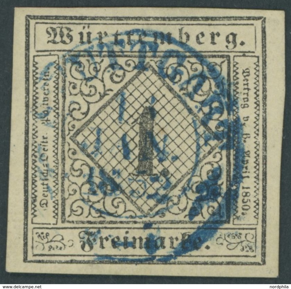 1851, 1 Kr. Schwarz Auf Sämisch, Zentrischer Blauer K2 STUTTGART, Allseits Breitrandig, Pracht -> Automatically Generate - Other & Unclassified