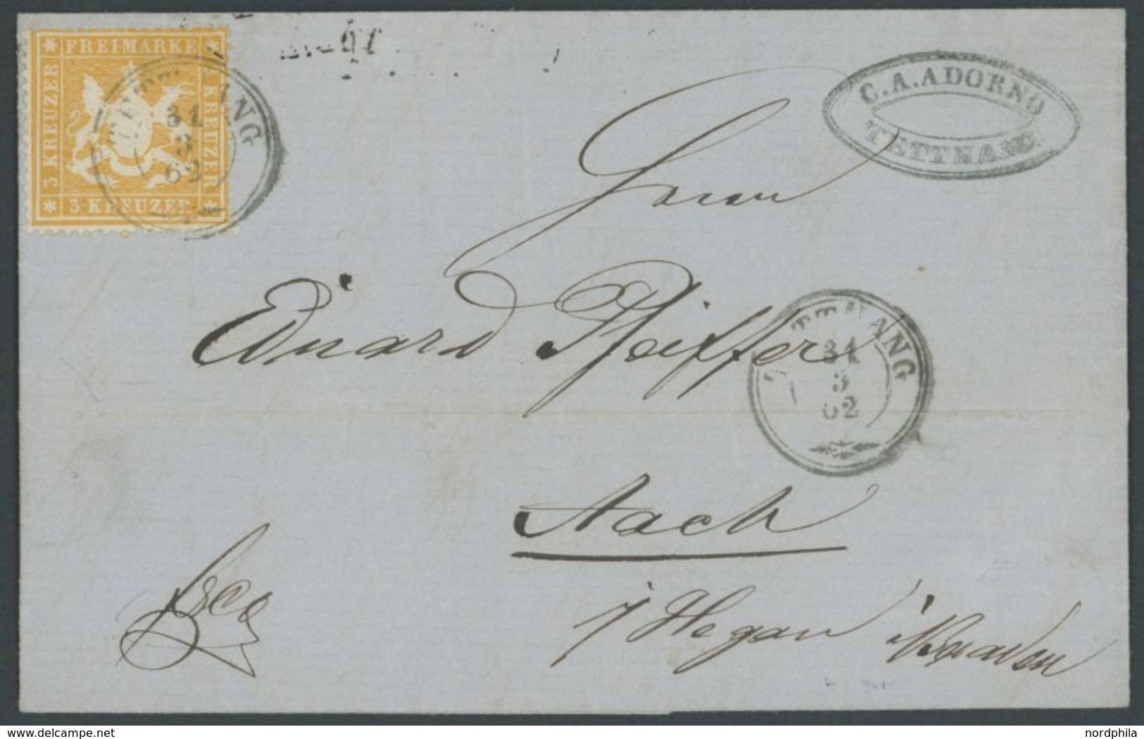 1862, 3 Kr, Gelborange, Dünnes Papier, Normale Zähnung Auf Brief Von TETTNANG Nach Aach, Pracht, Mi. 180.- -> Automatica - Other & Unclassified