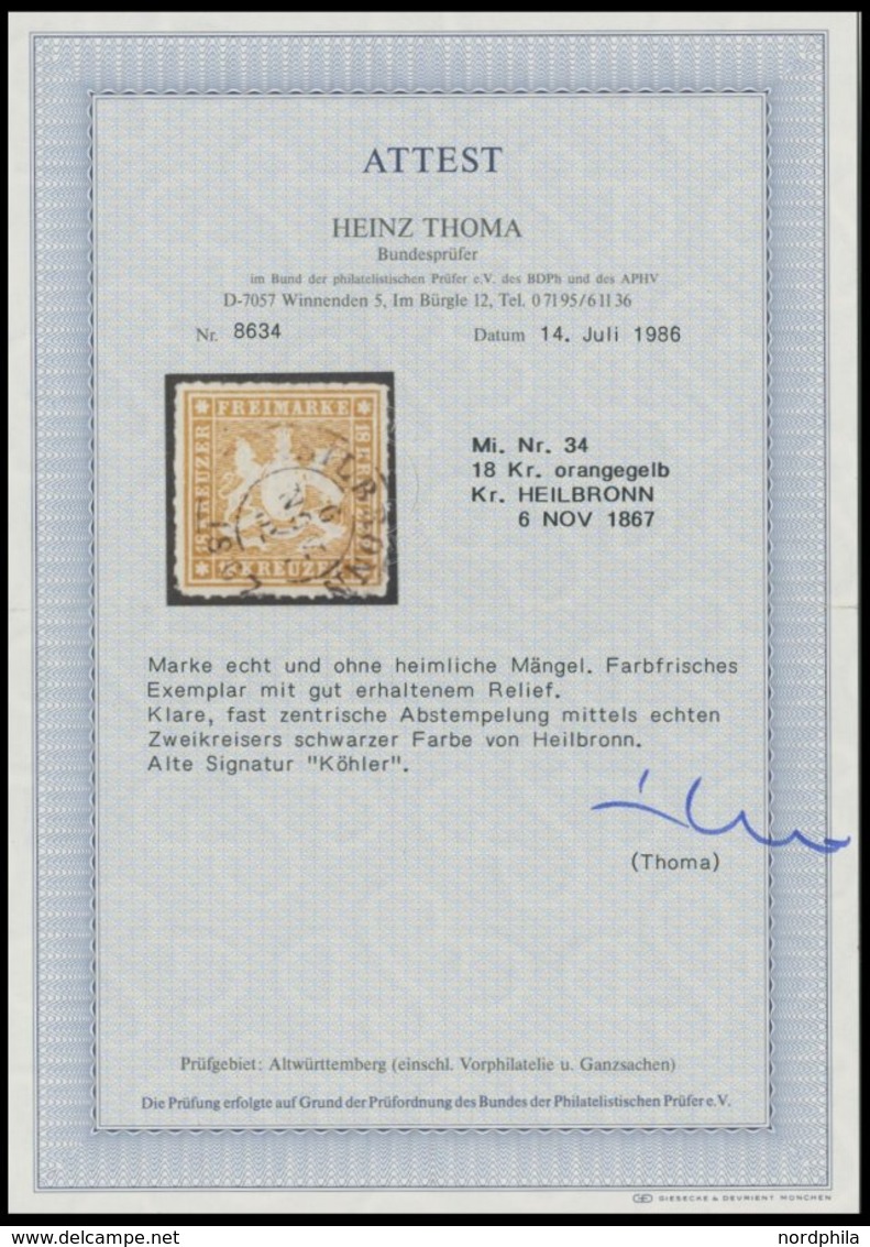 1867, 18 Kr. Orangegelb, K2 HEILBRONN, Farbfrisches Prachtstück, Fotoattest Thoma, Mi. 1000.- -> Automatically Generated - Other & Unclassified