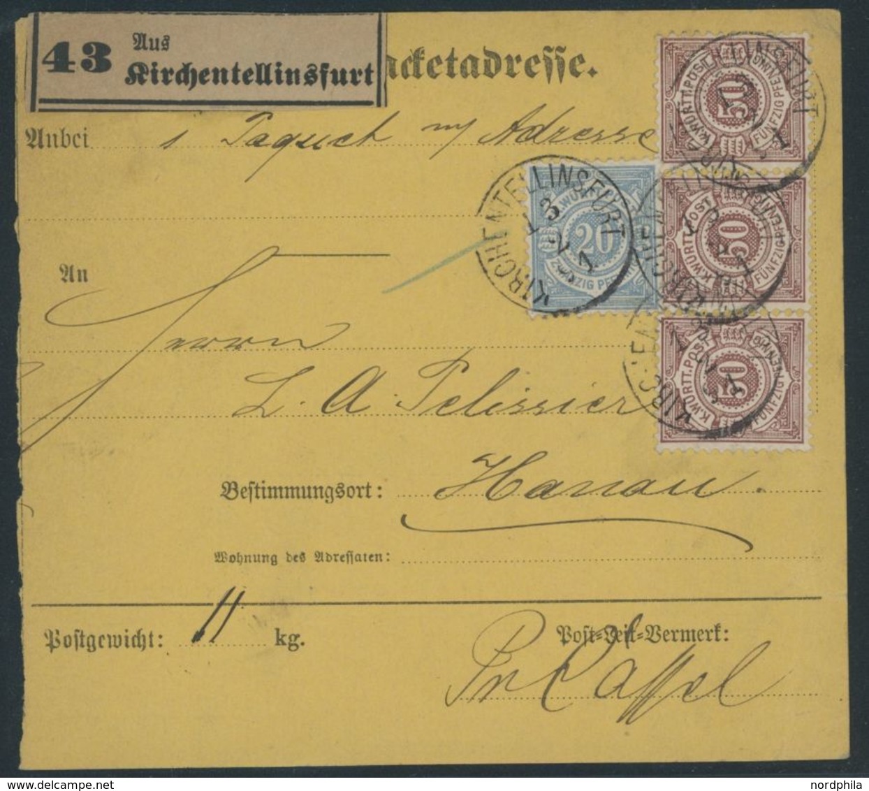 1891, 50 Pf. Dunkelbraunrot Im Waagerechten Dreierstreifen Mit 20 Pf. Zusatzfrankatur Auf Paketkarte Mit Seltenem K1 KIR - Other & Unclassified