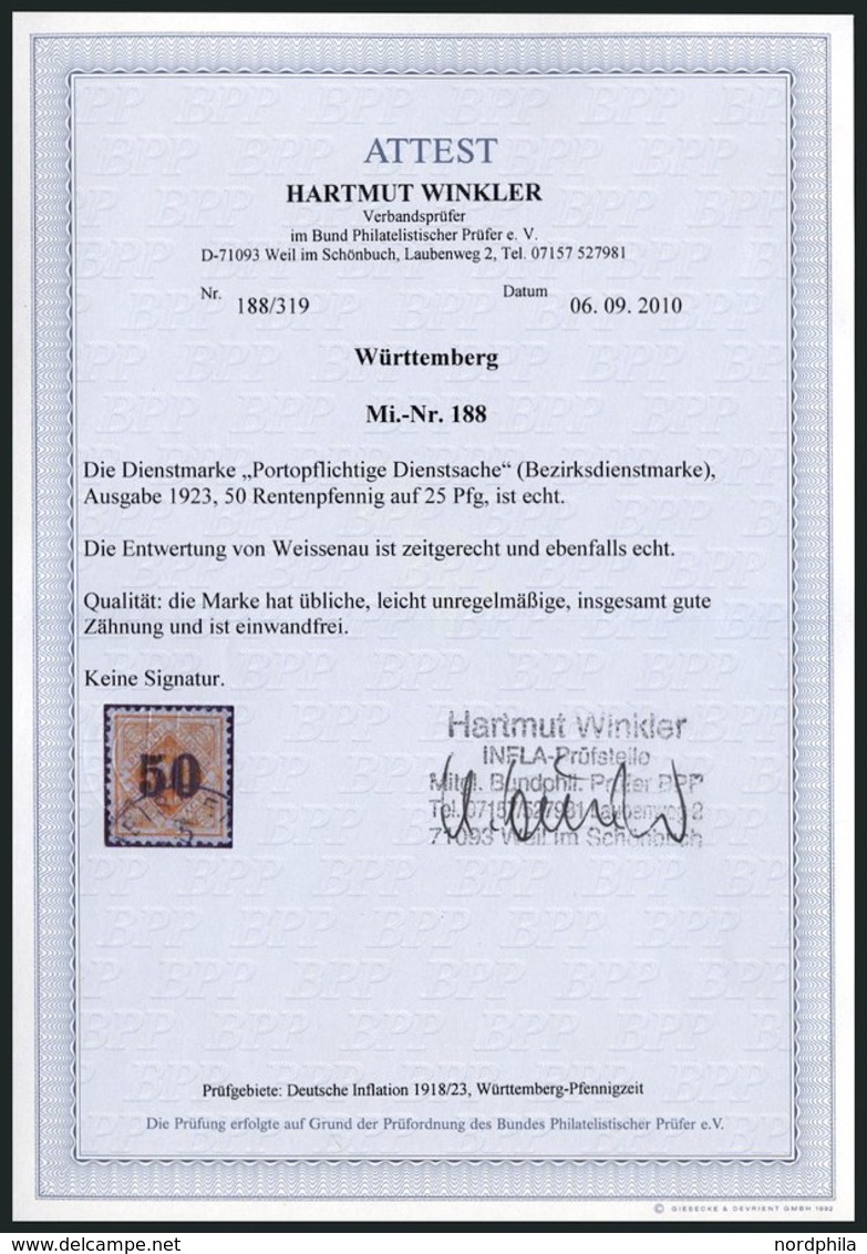 WÜRTTEMBERG 188 O, 1923, 50 Auf 25 Pf. Rotorange, Stempel WEISSENAU, üblich Gezähnt Pracht, Fotoattest Winkler, Mi. 1100 - Other & Unclassified