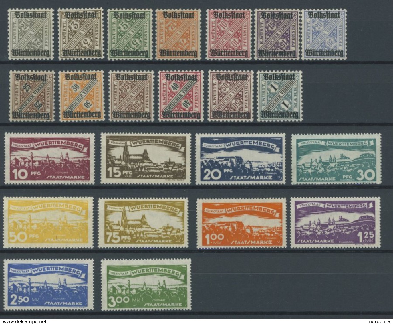 WÜRTTEMBERG 258-70,272-81 **, 1919/20, Wertziffer In Schildern Und Abschiedsausgabe, Postfrisch, 2 Prachtsätze, Mi. 60.- - Autres & Non Classés