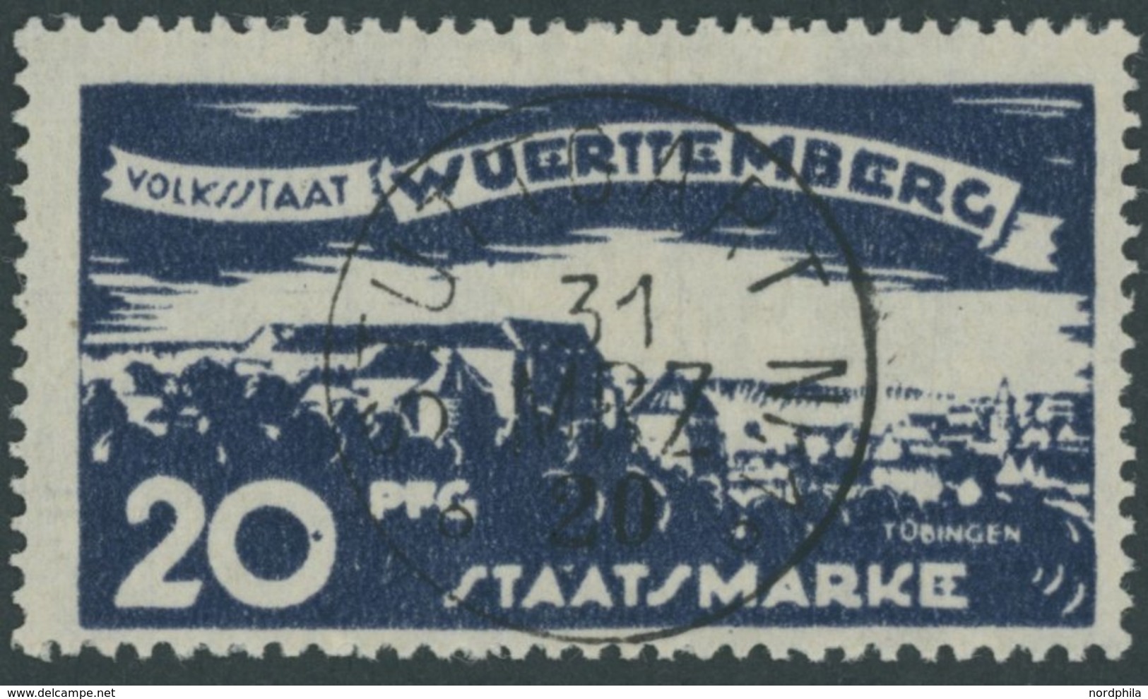 WÜRTTEMBERG 274II O, 1920, 20 Pf. Abschiedsausgabe Mit Plattenfehler Schwarzer Punkt In 0 Der Wertangabe 20 Sowie Punkt  - Autres & Non Classés