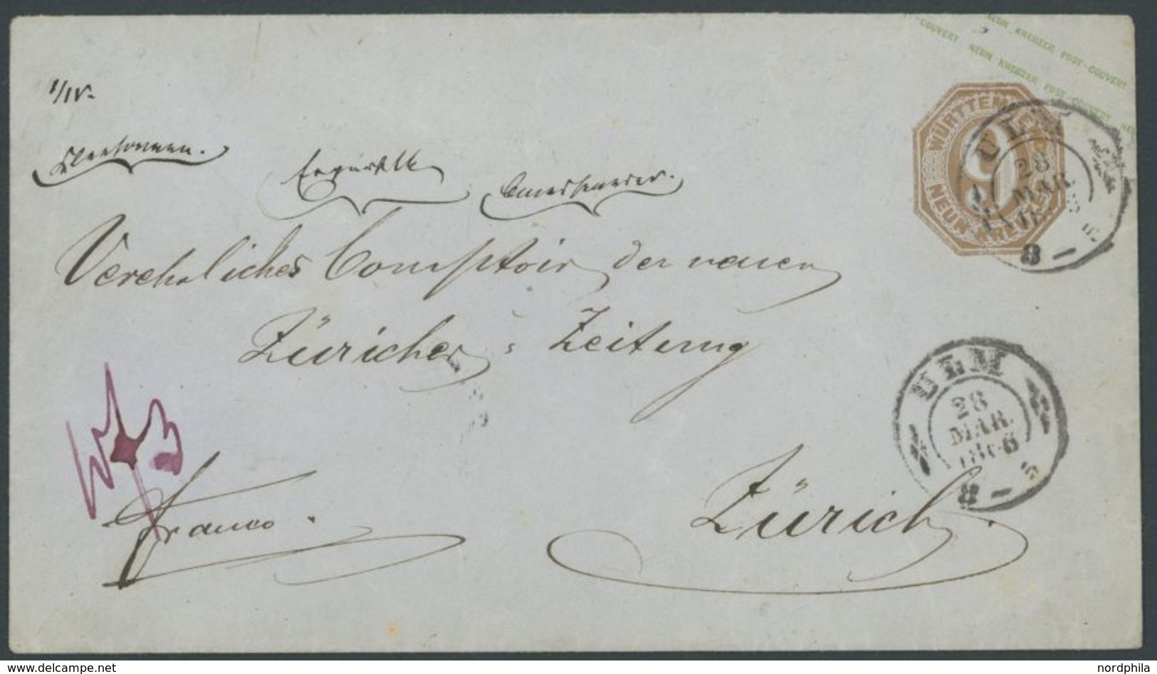 1866, 9 Kr. Braun Ganzsachenumschlag Von ULM Nach Zürich, Pracht -> Automatically Generated Translation: 1866, 9 Kr. Bro - Other & Unclassified