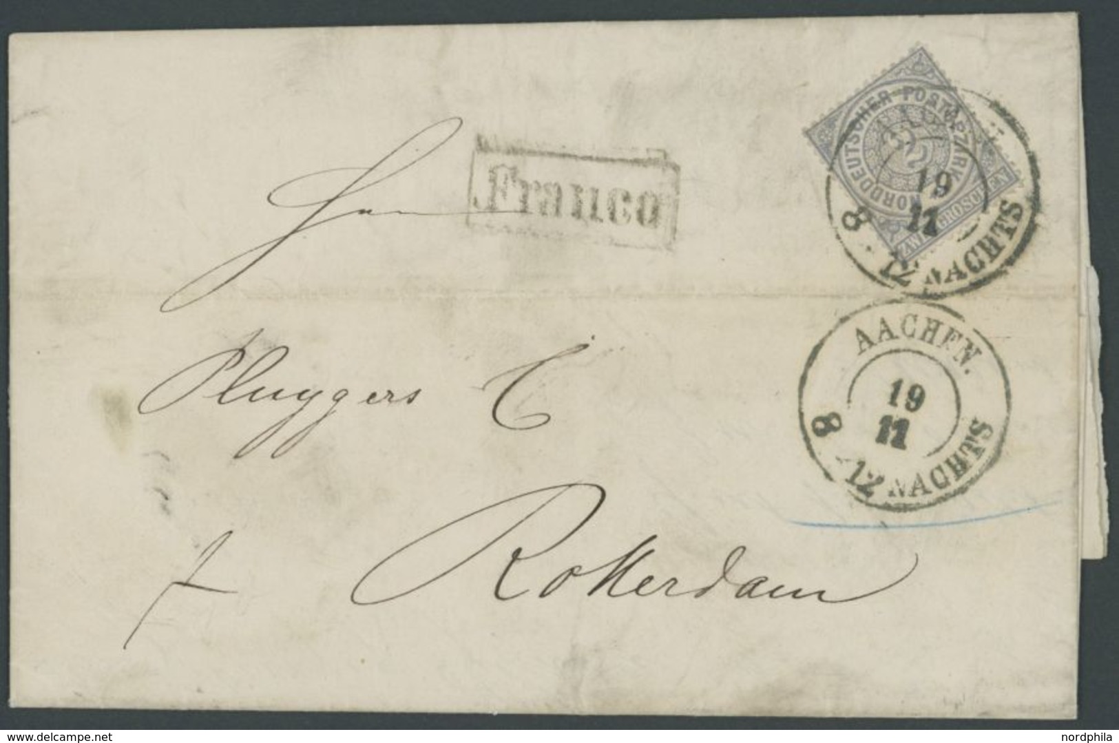 1869, 2 Gr. Lebhaftblaugrau Mit K2 AACHEN NACHTS Und R1 Franco Auf Brief Nach Rotterdam, Feinst -> Automatically Generat - Other & Unclassified