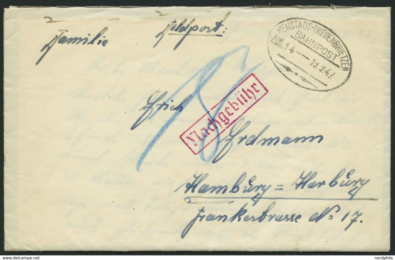 BAHNPOST Neustadt-Treuenbrietzen (Zug 14) Auf Brief Nach Hamburg-Harburg Von 1942 Mit Nachporto, Pracht - Sonstige & Ohne Zuordnung