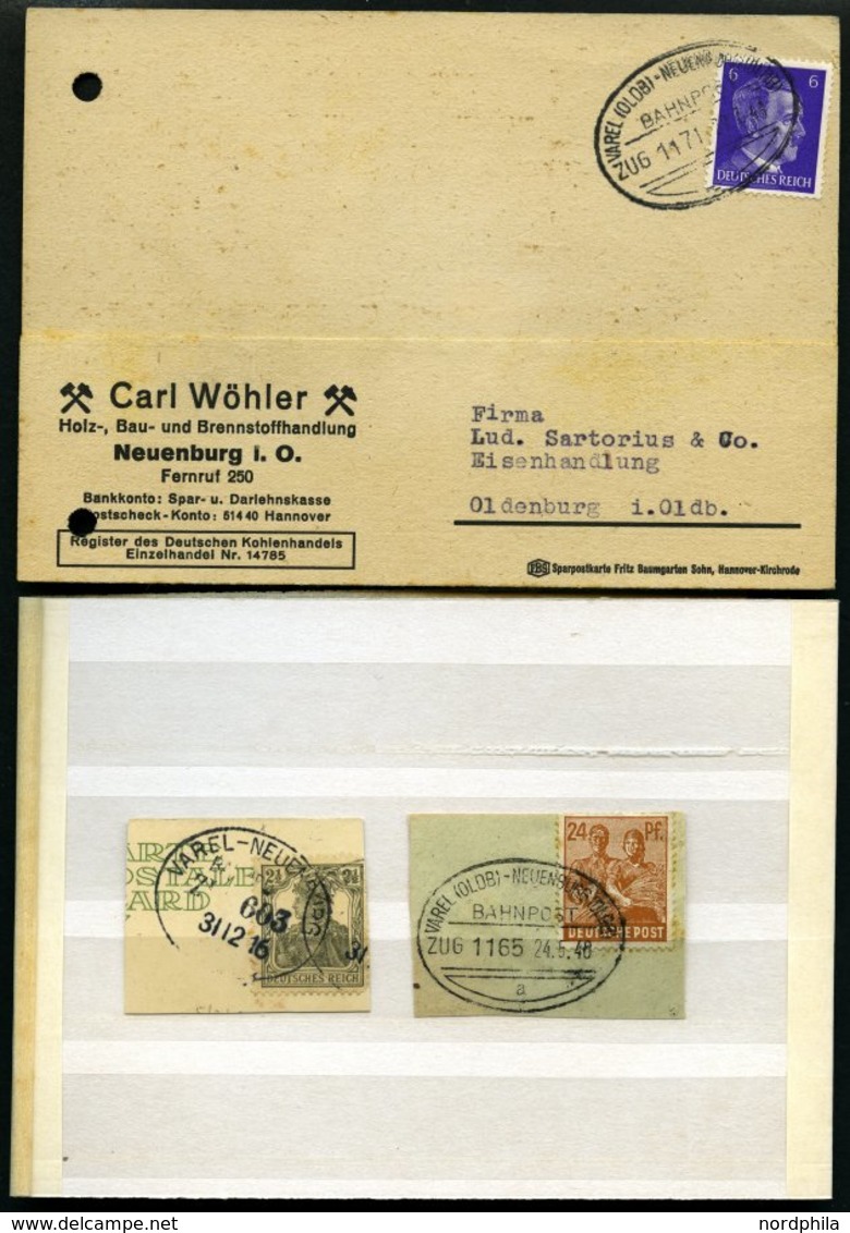 BAHNPOST Varel-Neuenburg (Zug 202,1039 Und 1171 (2x)), 1906-1943, 4 Belege, Dazu 2 Briefstücke, Feinst/Pracht - Other & Unclassified