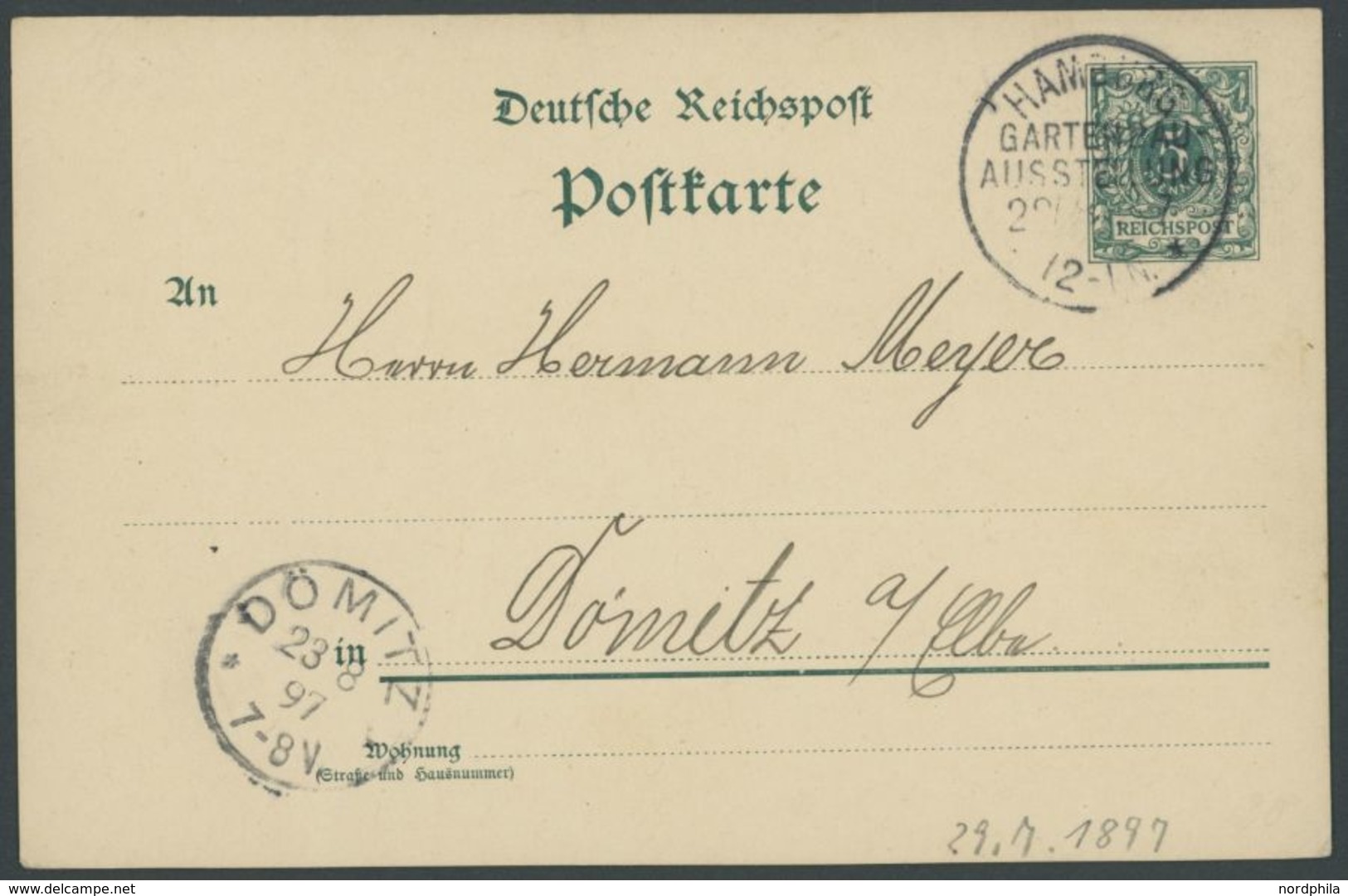 HAMBURG GARTENBAU-AUSTELLUNG, 29.07.1897, Auf 5 Pf. Ganzsachenkarte, Pracht -> Automatically Generated Translation: "Ham - Lettres & Documents