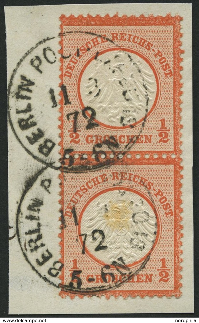 Dt. Reich 3 Paar BrfStk, 1872, 1/2 Gr. Ziegelrot Im Senkrechten Paar, K1 BERLIN POST-EXPED 13, Untere Marke Brauntönung  - Gebraucht