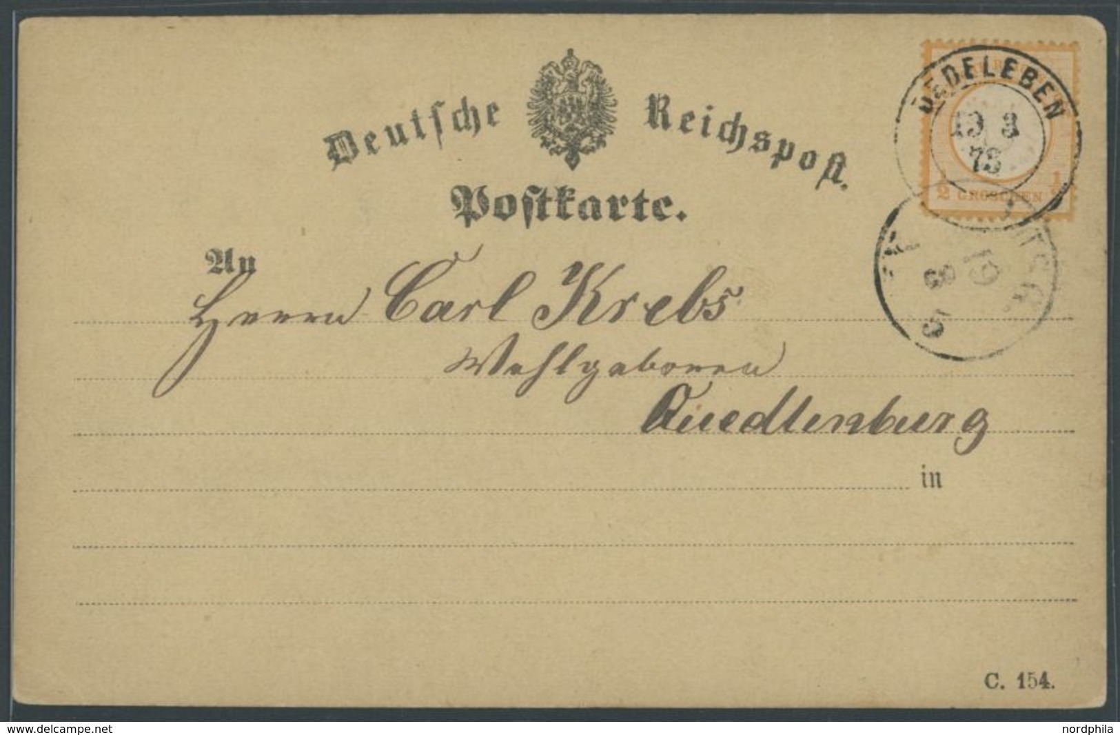 1873,  1/2 Gr. Orange Mit K2 DEDELEBEN Auf Postkarte Von ROHRSHEIM Nach Quedlinburg, Pracht -> Automatically Generated T - Gebraucht