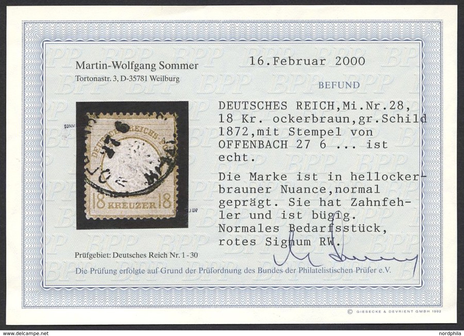 Dt. Reich 28 O, 1872, 18 Kr. Schwärzlichocker, K1 OFFENBACH, Feinst (Zahnfehler Und Etwas Bügig), Fotobefund Sommer, Mi. - Gebraucht