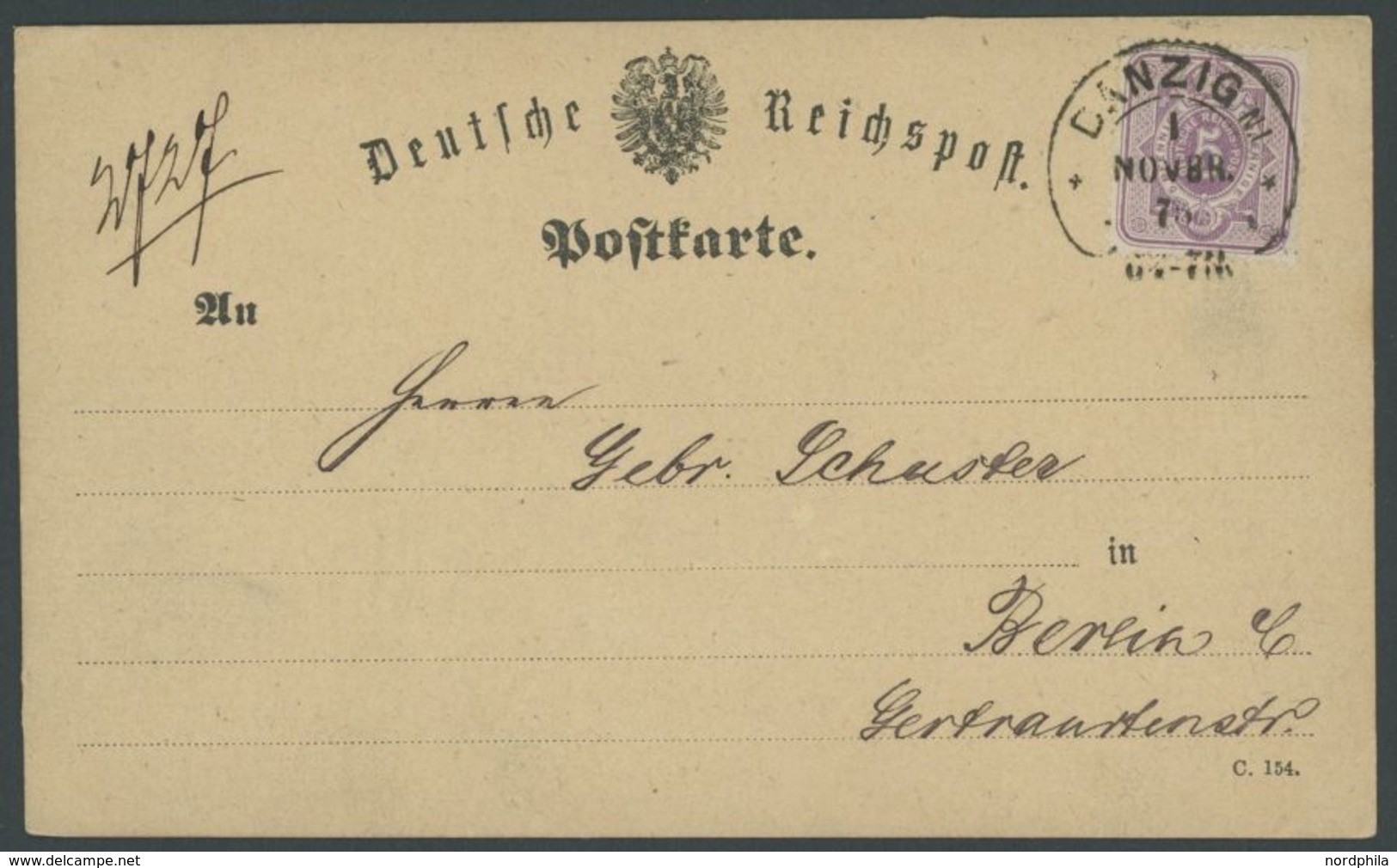 1875, 5 Pfe. Graulila Mit Hufeisenstempel DANZIG N.I (Sp 7/1), Prachtkarte -> Automatically Generated Translation: 1875, - Sonstige & Ohne Zuordnung