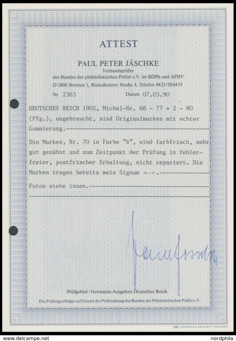 Dt. Reich 68-77 **, 1902, 2 - 80 Pf. Germania, Ohne Wz., Postfrischer Prachtsatz, Fotoattest Jäschke , Mi. 2500.- - Gebraucht