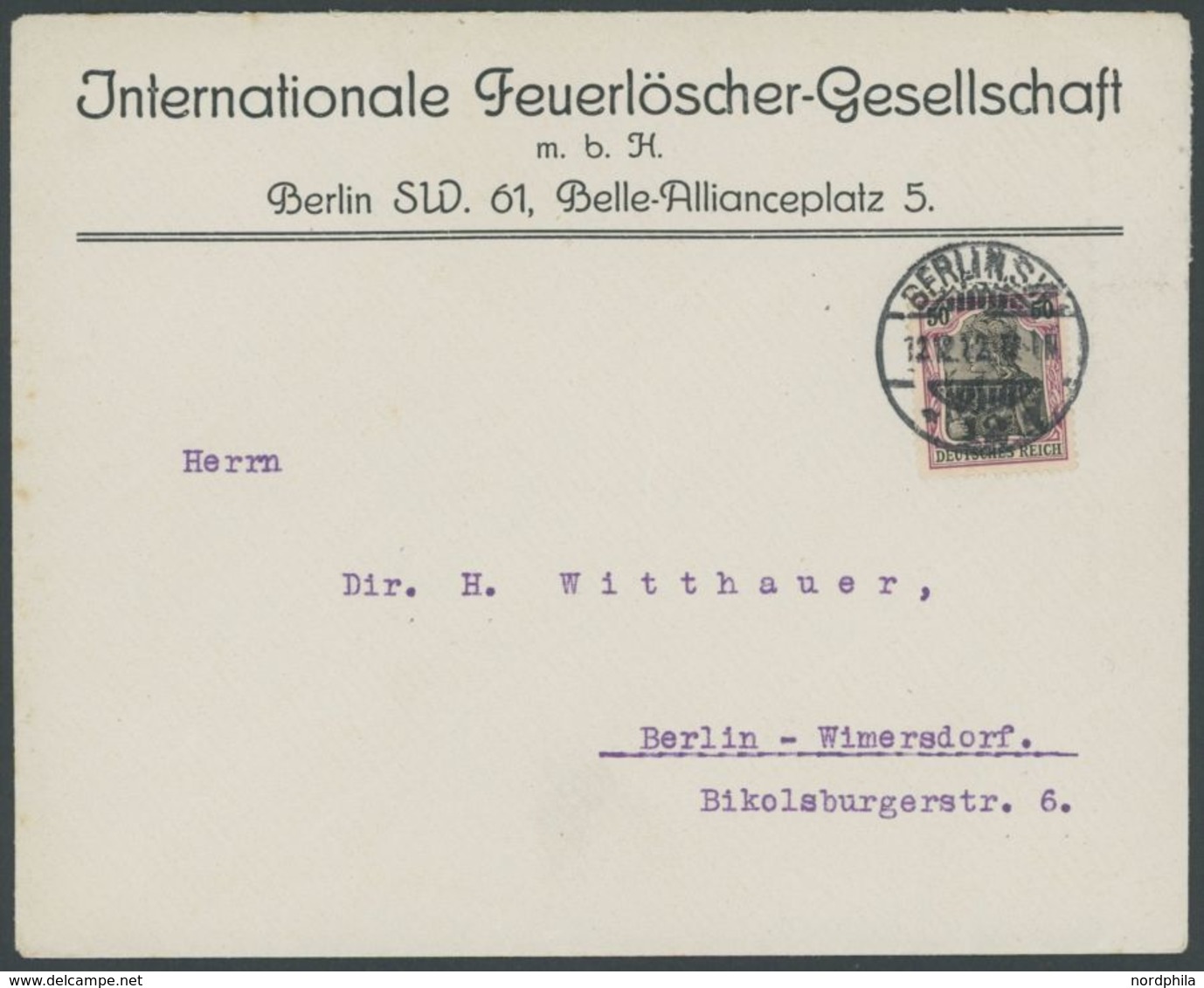 1905, 50 Pf. Graulila/schwarz Friedensdruck Auf Vordruckbrief Der Internationalen Feuerlöscher Gesellschaft, Pracht -> A - Used Stamps