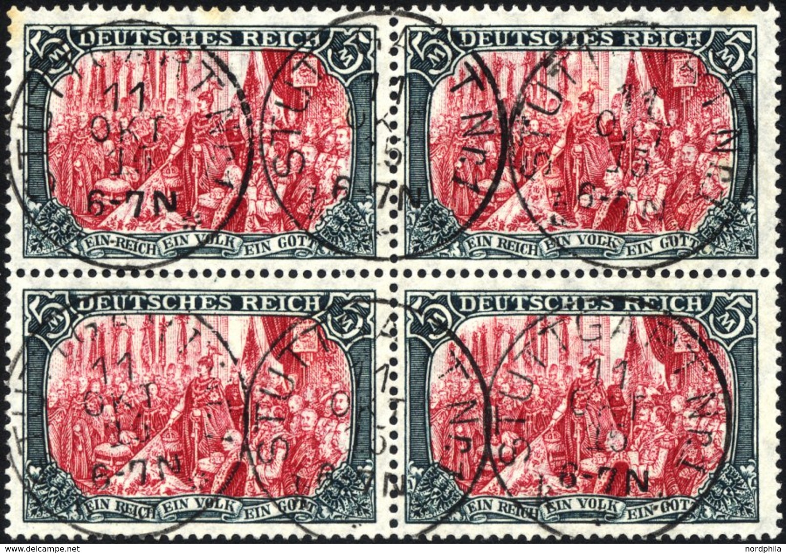 Dt. Reich 97AIb VB O, 1906, 5 M. Friedensdruck, Karmin Quarzend, Im Viererblock, Pracht, Gepr. Dr. Oechsner - Used Stamps