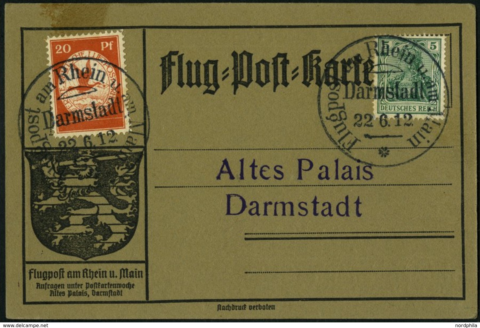 Dt. Reich II BRIEF, 1912, 20 Pf. Flugpost Am Rhein- Und Main Auf Karte Mit Sonderstempel Darmstadt, Pracht - Oblitérés
