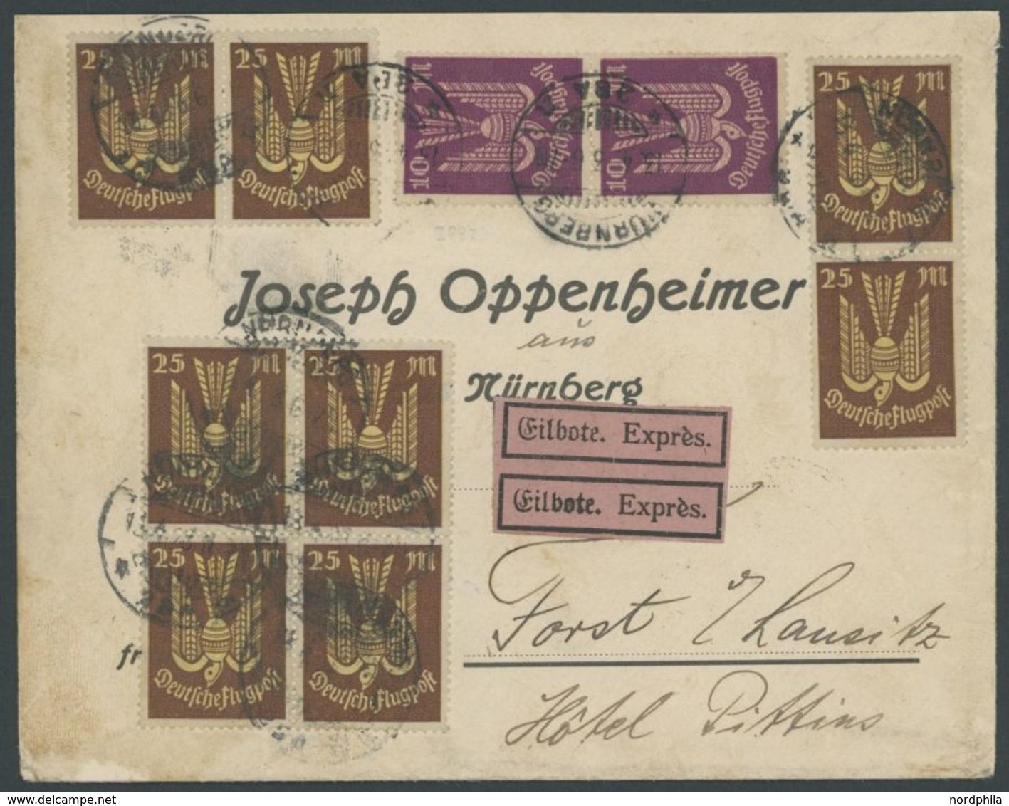 1923, 10 (2x) Und 25 M. (8x) Holztaube In Einheiten Auf Eilbrief Von NIENBURG Nach Forst, Feinst -> Automatically Genera - Used Stamps