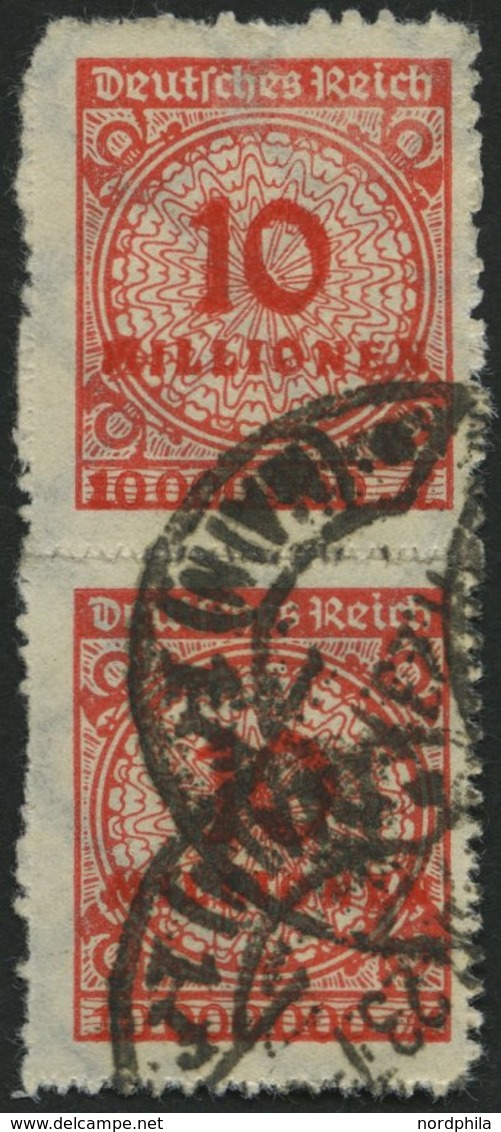 Dt. Reich 318B Paar O, 1923, 10 Mio. M. Dunkelzinnober Im Senkrechten Paar, üblicher Durchstich, Pracht, Gepr. Dr. Oechs - Used Stamps