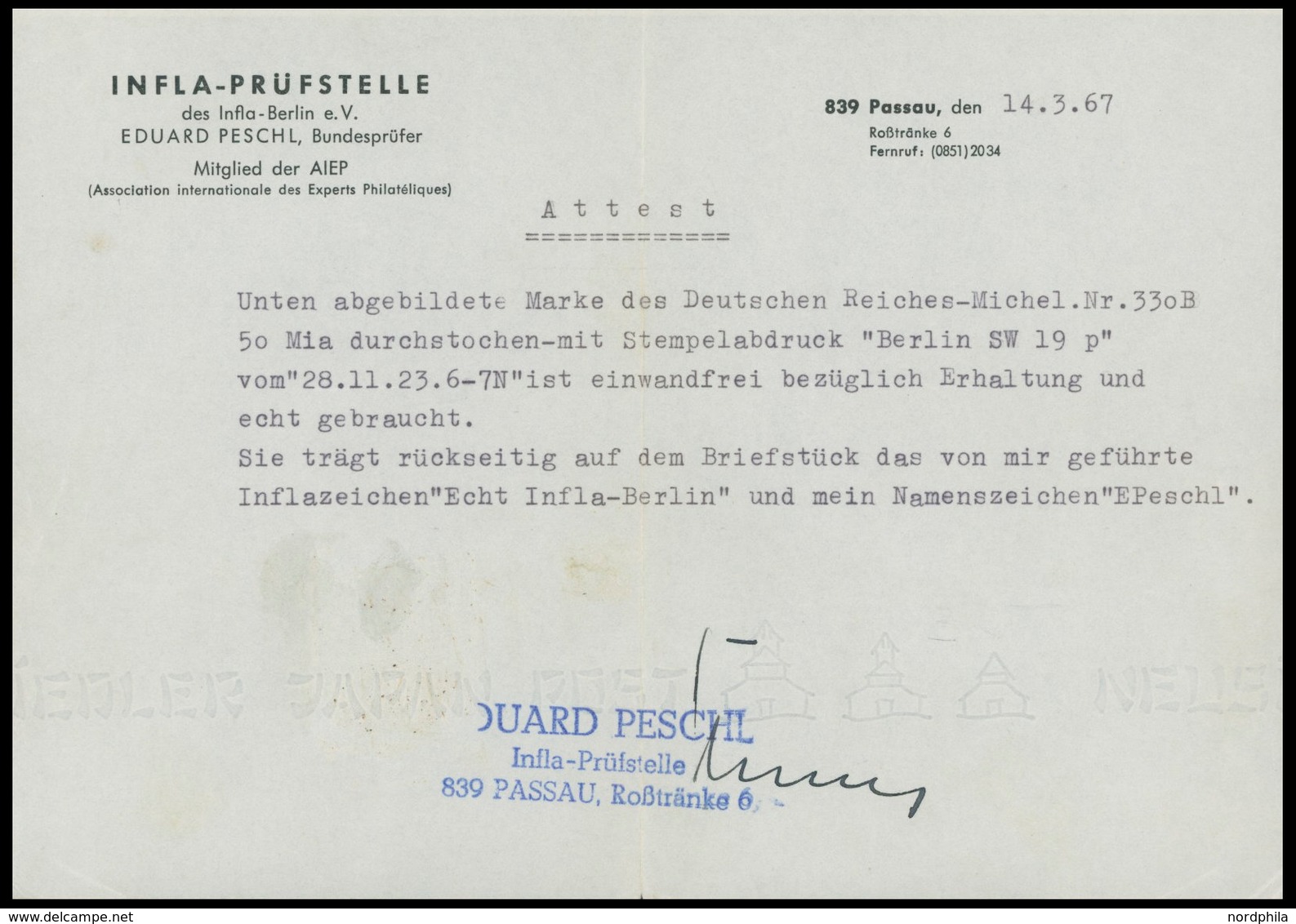 Dt. Reich 330B BrfStk, 1923, 50 Mrd. M. Kobaltblau, Durchstochen, Prachtbriefstück, Gepr. Peschl Mit Befund, Mi. (900.-) - Oblitérés