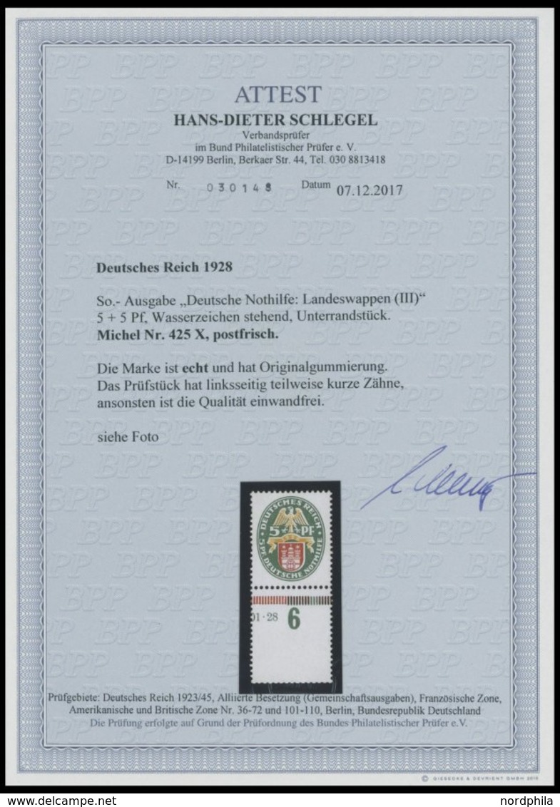 Dt. Reich 425X **, 1928, 5 Pf. Nothilfe, Wz. Stehend, Unterrandstück, Links Drei Verkürzte Zähne Sonst Postfrisch Pracht - Autres & Non Classés