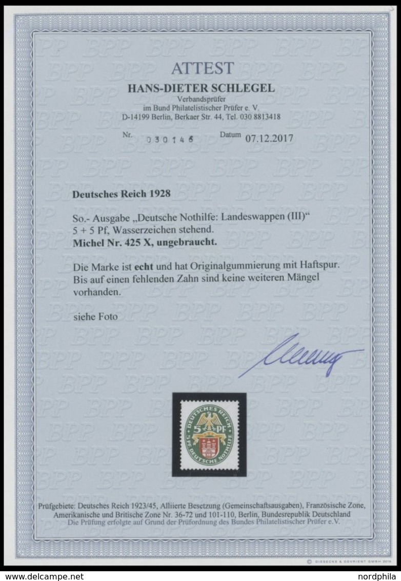 Dt. Reich 425X *, 1928, 5 Pf. Nothilfe, Wz. Stehend, Links Ein Kurzer Zahn Sonst Pracht, Fotoattest H.D. Schlegel, Mi. 4 - Sonstige & Ohne Zuordnung