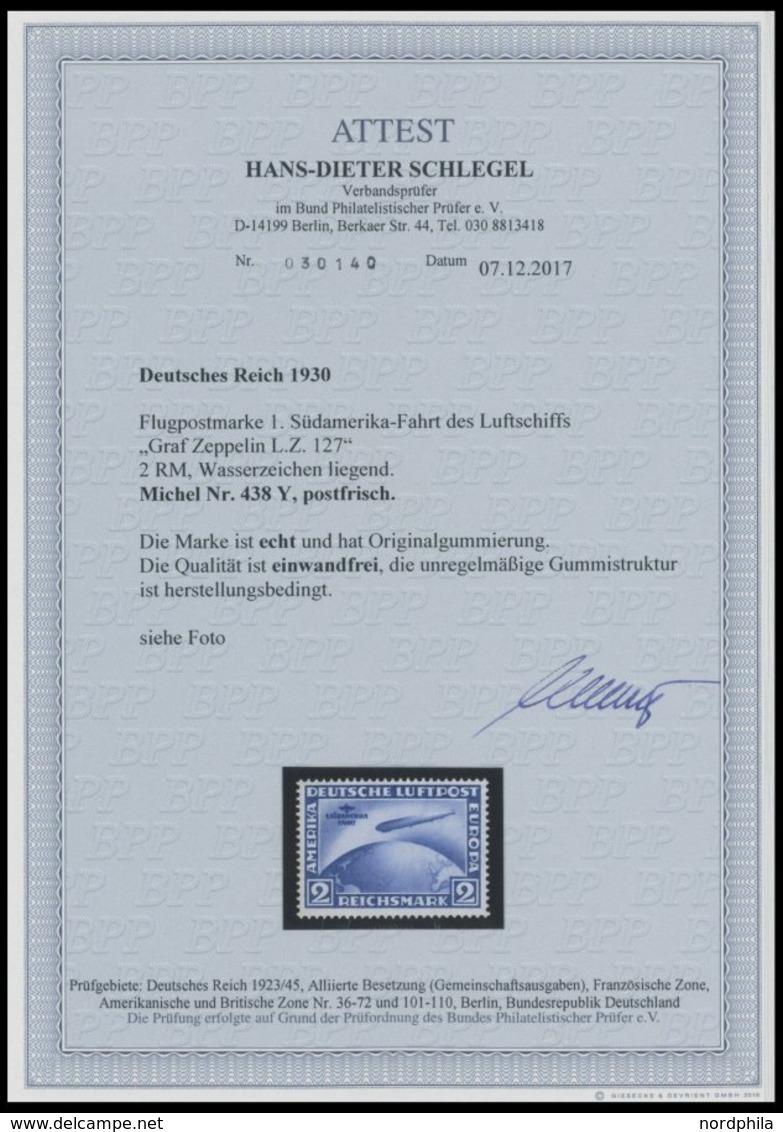 Dt. Reich 438Y **, 1930, 2 M. Südamerikafahrt, Wz. Liegend, Postfrisch, Pracht, Unsigniert, Fotoattest H.D. Schlegel: Di - Sonstige & Ohne Zuordnung