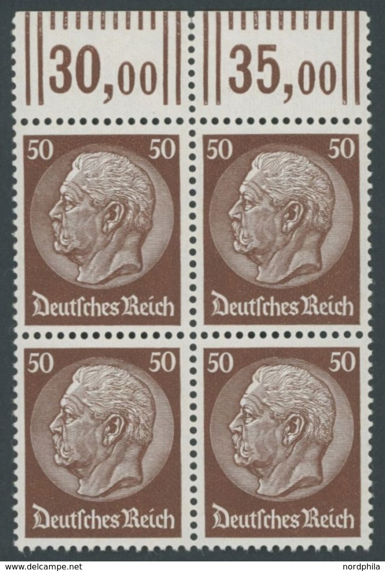 Dt. Reich 473WOR VB **, 1932, 50 Pf. Hindenburg, Walzendruck, Im Oberrandviererblock, Postfrisch, Pracht, Mi. 116.- - Autres & Non Classés