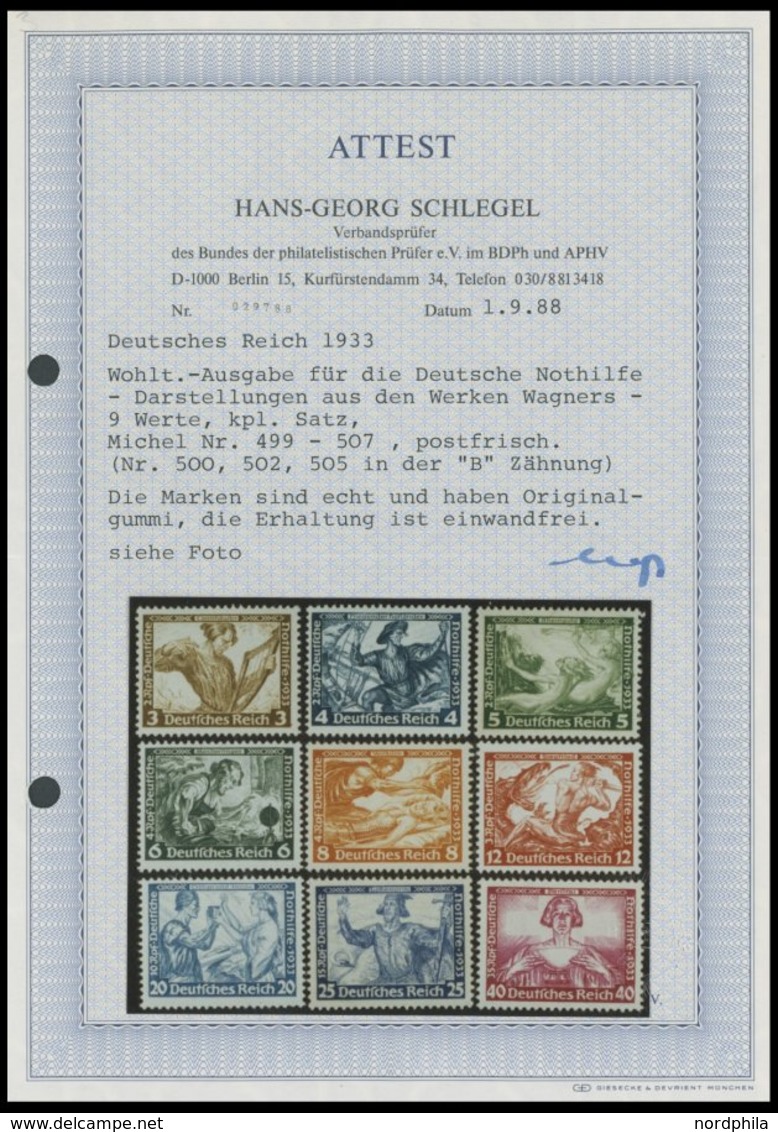 Dt. Reich 499-507 **, 1933, Wagner, Postfrischer Prachtsatz, Unsigniert, Fotoattest H.G.Schlegel: Die Erhaltung Ist Einw - Sonstige & Ohne Zuordnung