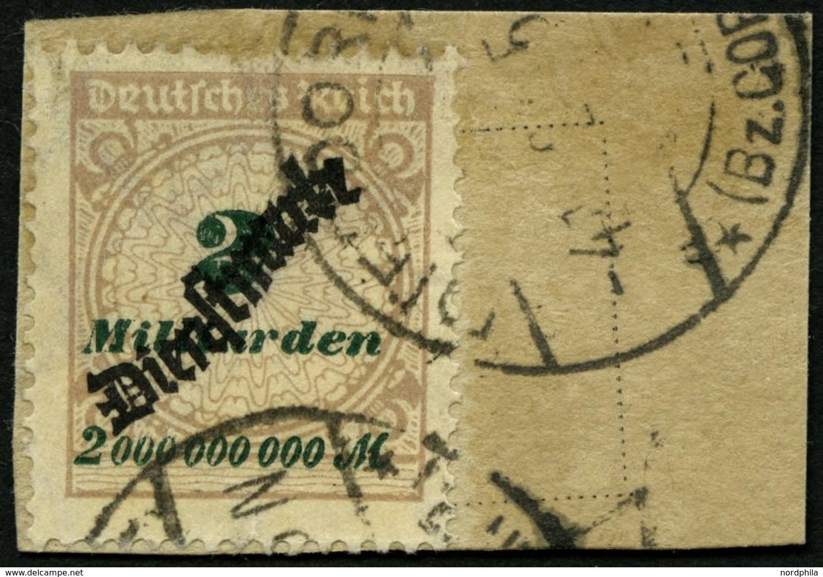 DIENSTMARKEN D 84 BrfStk, 1923, 2 Mrd. M. Mattsiena/schwarzgrün Auf Briefstück, Feinst, Gepr. Peschl, Mi. 150.- - Dienstmarken