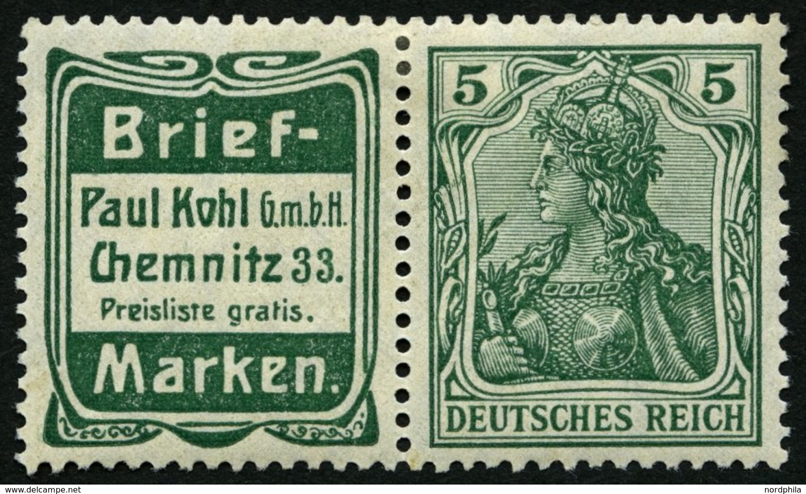 ZUSAMMENDRUCKE W 2.10 *, 1911, Briefmarken Kohl + 5 Pf., Falzrest, Pracht, Mi. 330.- - Zusammendrucke