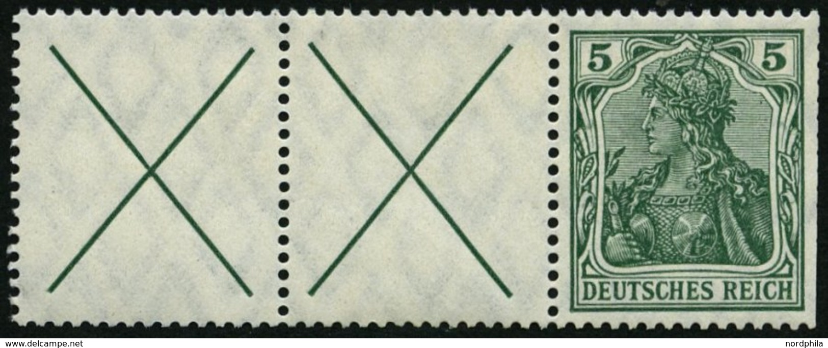 ZUSAMMENDRUCKE W 1.2 **, 1912, Germania X + X + 5, Rechts Starke Heftchenzähnung, Feinst, Mi. 550.- - Zusammendrucke