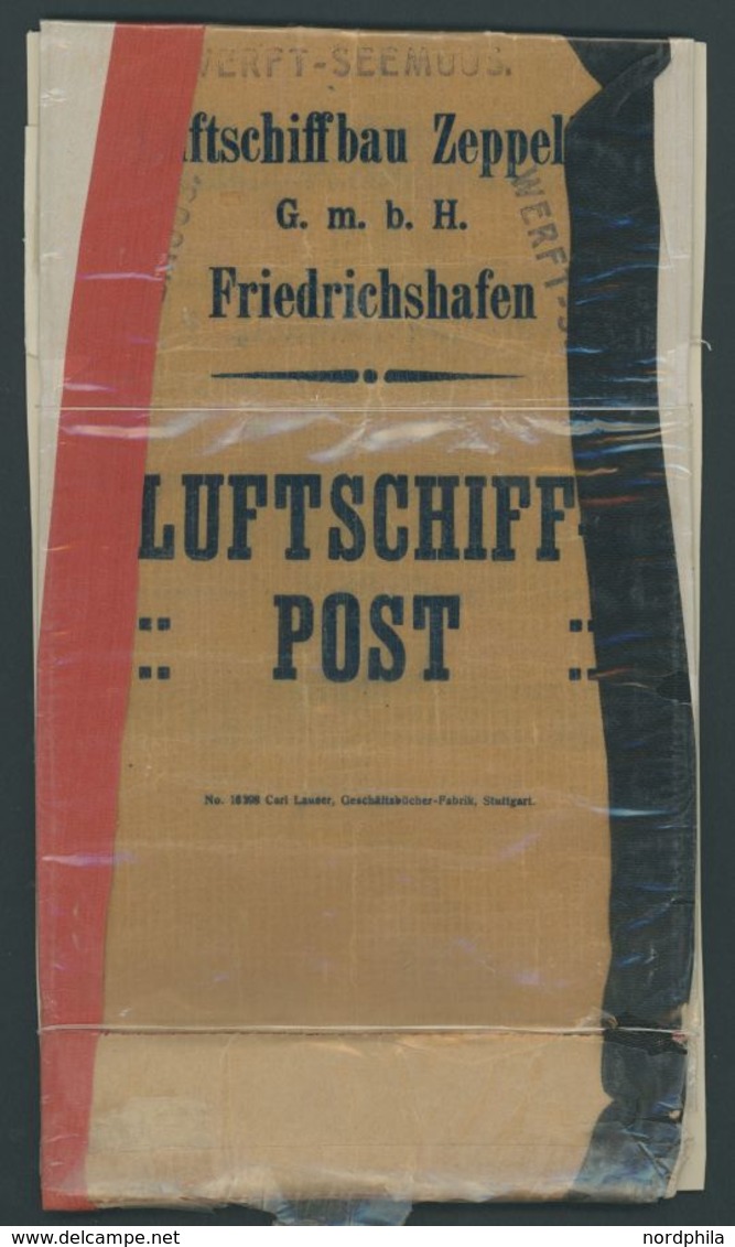 1908, LZ 4 Zeppelinpost-Abwurfbeutel, Mehrfach L1 WERFT-SEEMOOS, Schwarz/weiß/rotes Schalterband, Ex-Sammlung Dr. Kronst - Poste Aérienne & Zeppelin