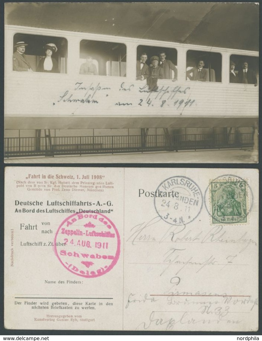 24.8.1911, Luftschiff Schwaben, DELAG-Deutschland Bildkarte Fahrt In Die Schweiz Mit Rotem Bordstempel Und Abwurf-Ortsst - Luft- Und Zeppelinpost