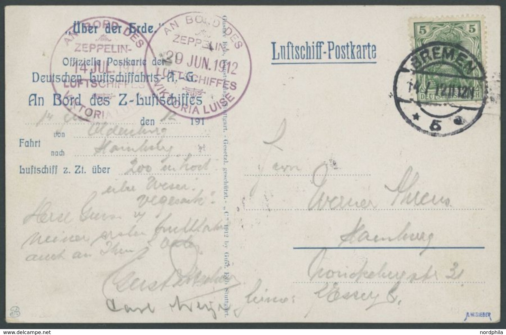 29.06. Bzw. 14.07.1912 (2 Bordpoststempel), Luftschiff Viktoria-Luise, Hamburg-Oldenburg-Hamburg Rundfahrt, Ansichtskart - Correo Aéreo & Zeppelin