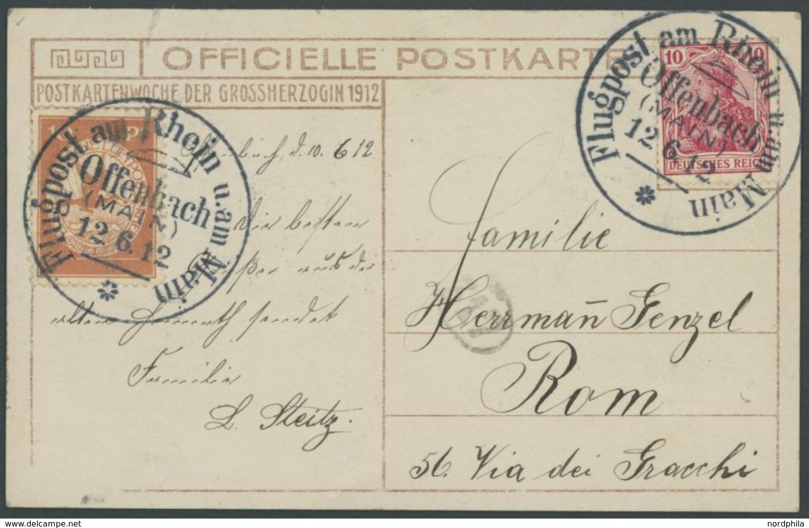 1912, 10 Pf. Flp. Am Rhein Und Main Auf Flugpostkarte (Herzogliche Familie, Bild Kopfstehend) Mit 10 Pf. Zusatzfrankatur - Airmail & Zeppelin