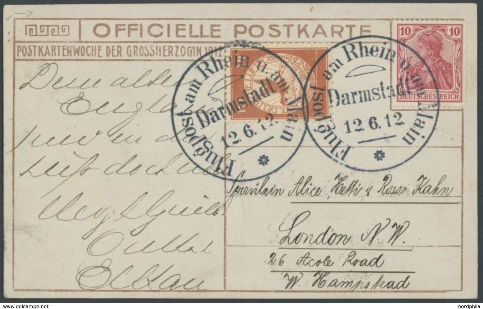 1912, 10 Pf. Flp. Am Rhein Und Main Auf Flugpostkarte (Großherzogin) Mit 10 Pf. Zusatzfrankatur, Sonderstempel Darmstadt - Luft- Und Zeppelinpost