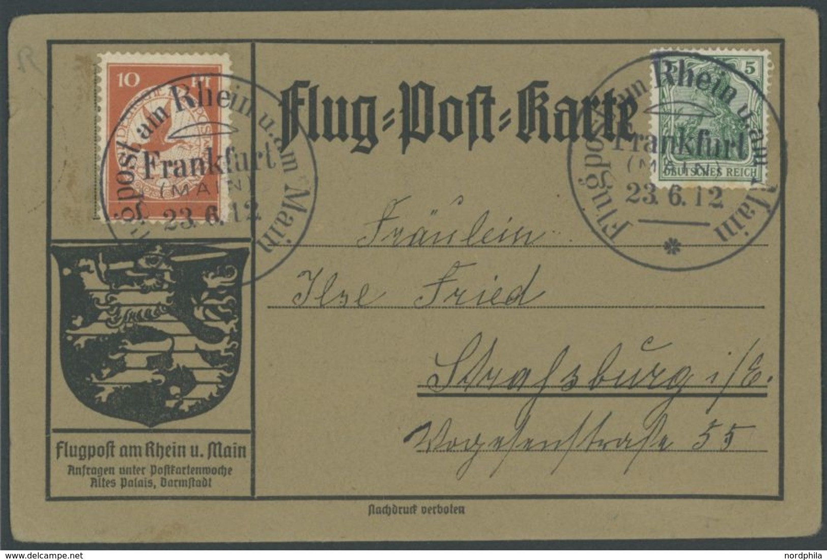 1912, 10 Pf. Flp. Am Rhein Und Main Auf Flugpostkarte Mit 5 Pf. Zusatzfrankatur, Sonderstempel Frankfurt 23.6.12, Nach S - Poste Aérienne & Zeppelin