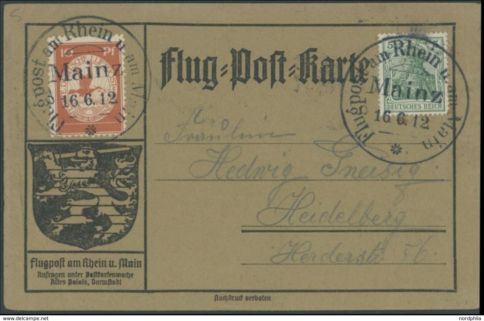 1912, 10 Pf. Flp. Am Rhein Und Main Auf Flugpostkarte Mit 5 Pf. Zusatzfrankatur, Sonderstempel Mainz 16.6.12, Seltenes D - Airmail & Zeppelin