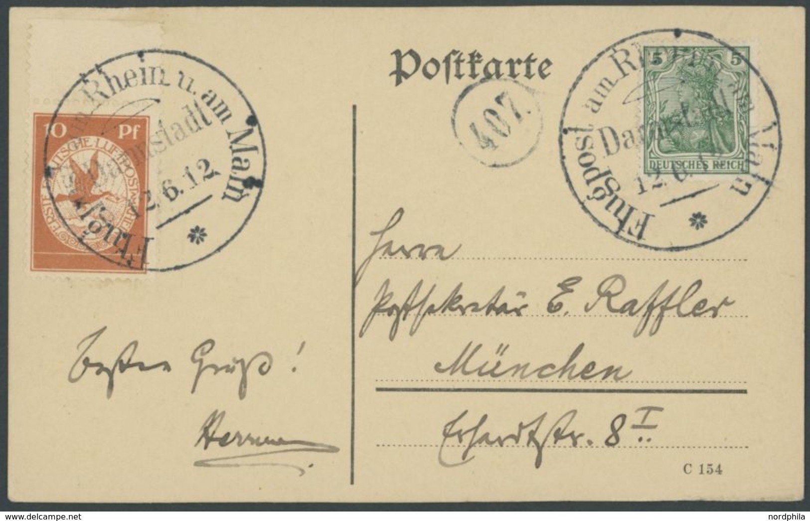 1912, 10 Pf. Flp. Am Rhein Und Main Auf Postkarte Mit 5 Pf. Zusatzfrankatur, Sonderstempel Darmstadt 12.6.12, Pracht ->  - Luft- Und Zeppelinpost