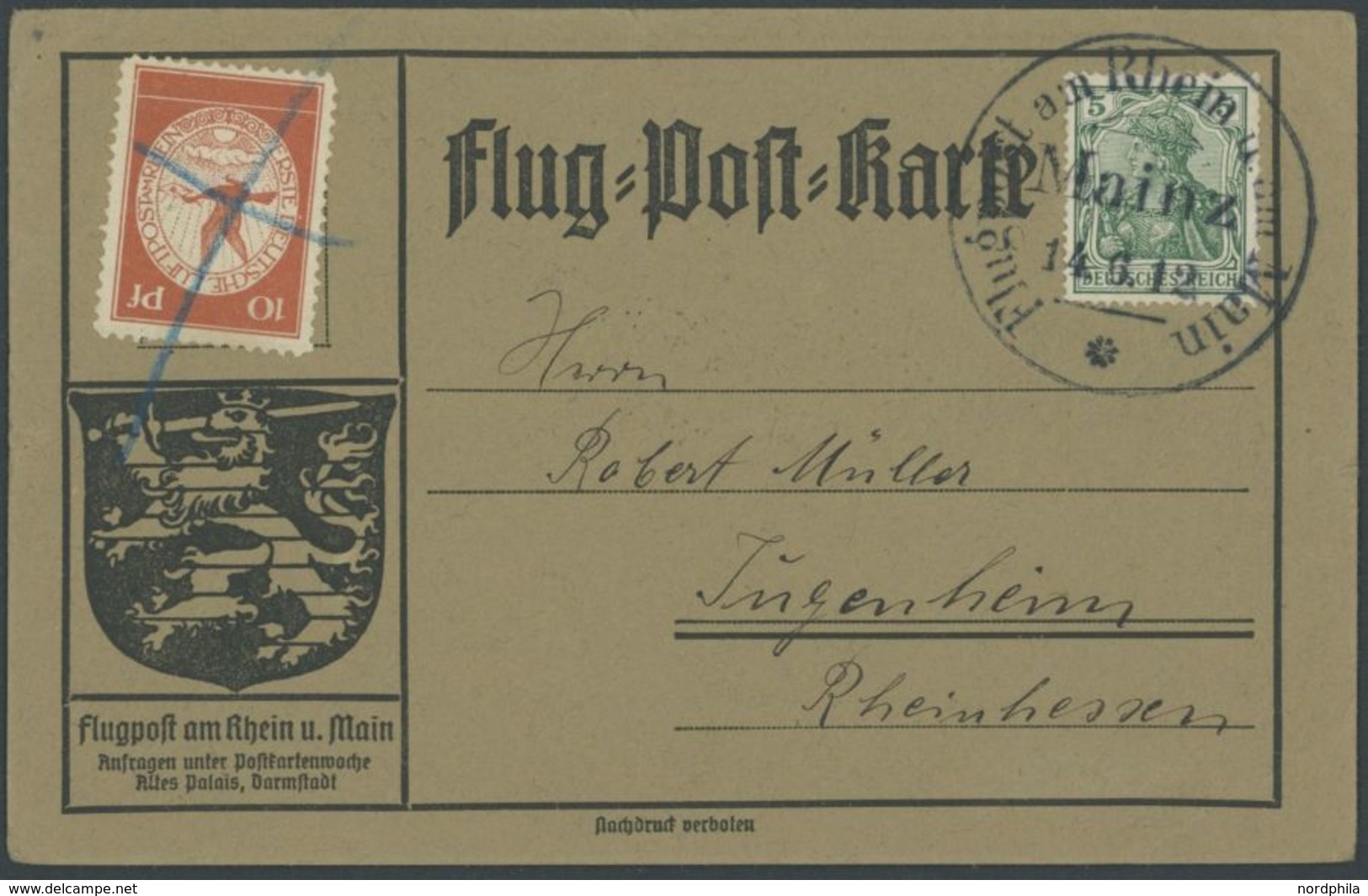 1912, 10 Pf. Flp. Am Rhein Und Main Auf Flugpostkarte Mit 5 Pf. Zusatzfrankatur, Stempelverbotskarte, Sonderstempel Main - Airmail & Zeppelin