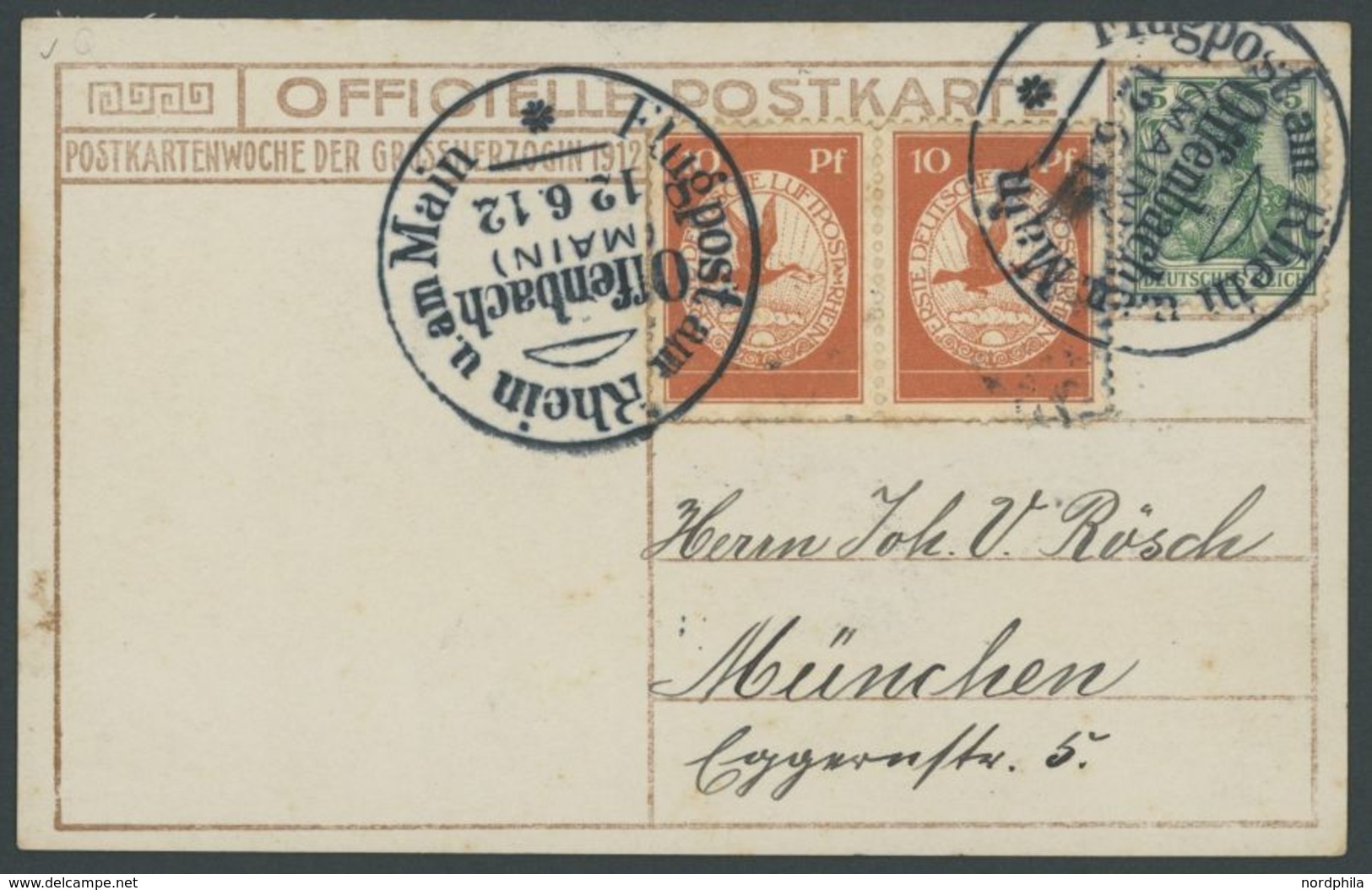 1912, 10 Pf. Flp. Am Rhein Und Main Im Waagerechten Paar Auf Flugpostkarte (Herzogliche Familie, Bild Kopfstehend) Mit 5 - Poste Aérienne & Zeppelin